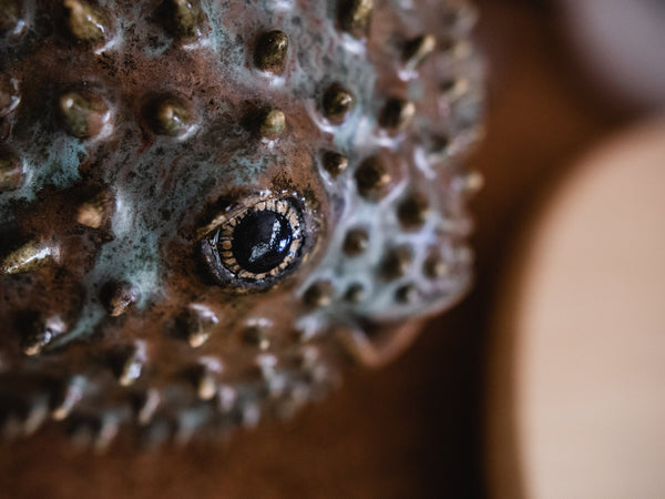 Blowfish made of ceramics, sea creature of sphere shape, coastal style interior decor with cute face, ocean sculpture, globefish bronze