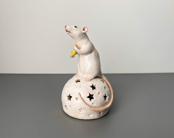 Rat night light, ceramics, mouse holds crescent on a moon stand with star lights, magic cosy lamp for kids room, illumination, nightlight