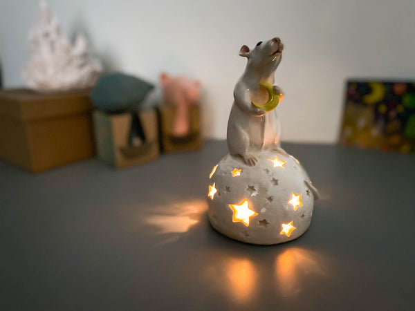 Rat night light, ceramics, mouse holds crescent on a moon stand with star lights, magic cosy lamp for kids room, illumination, nightlight