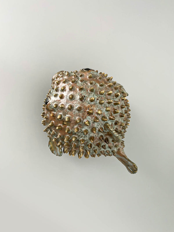 Blowfish made of ceramics, sea creature of sphere shape, coastal style interior decor with cute face, ocean sculpture, globefish bronze