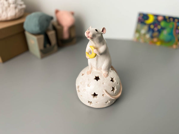 Rat night light, ceramics, mouse holds crescent on a moon stand with star lights, magic cosy lamp for kids room, illumination, nightlight