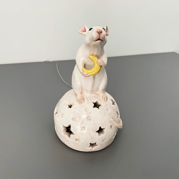 Rat night light, ceramics, mouse holds crescent on a moon stand with star lights, magic cosy lamp for kids room, illumination, nightlight