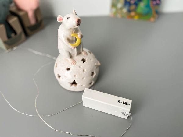 Rat night light, ceramics, mouse holds crescent on a moon stand with star lights, magic cosy lamp for kids room, illumination, nightlight