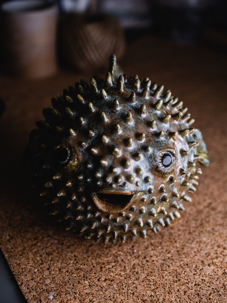 Blowfish made of ceramics, sea creature of sphere shape, coastal style interior decor with cute face, ocean sculpture, globefish bronze