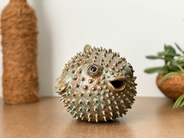 Blowfish made of ceramics, sea creature of sphere shape, coastal style interior decor with cute face, ocean sculpture, globefish bronze