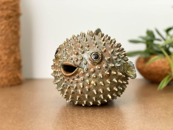 Blowfish made of ceramics, sea creature of sphere shape, coastal style interior decor with cute face, ocean sculpture, globefish bronze
