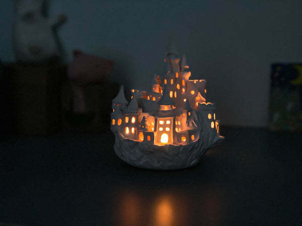 Castle night light, ceramics, with garland for kids room, magic fortress on cliff, lamp warm light, hogwarts interior decor, nightlight