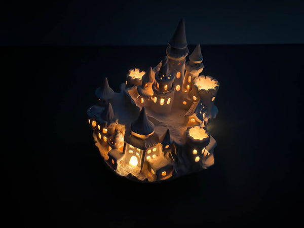 Castle night light, ceramics, with garland for kids room, magic fortress on cliff, lamp warm light, hogwarts interior decor, nightlight