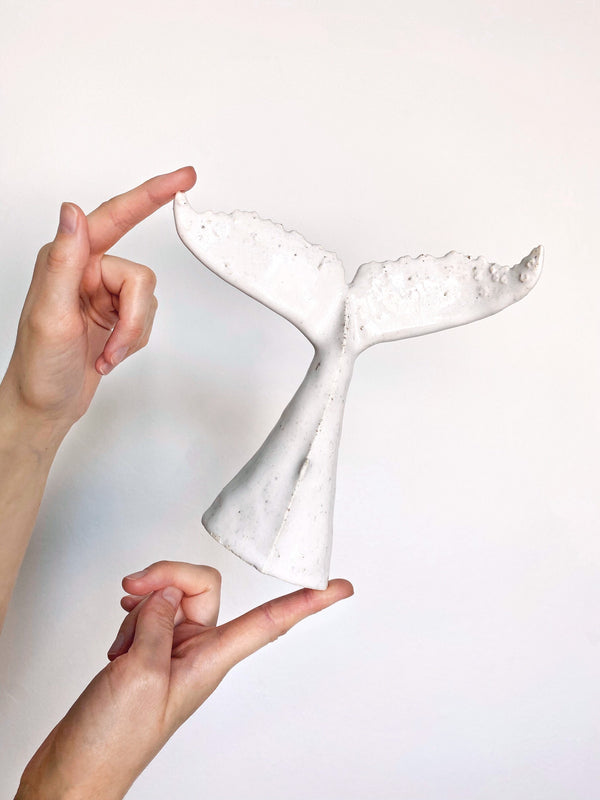Whale tail for shelf, white ceramic undersea animal, handmade