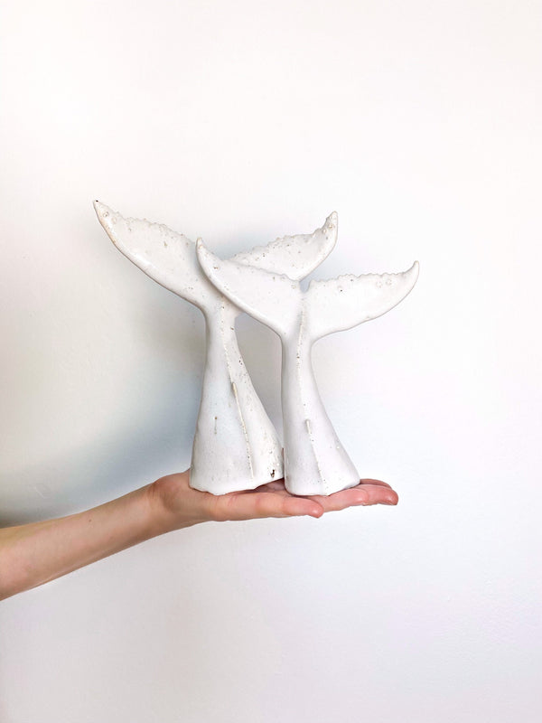Whale tail for shelf, the small one from whales family, white ceramic undersea animal