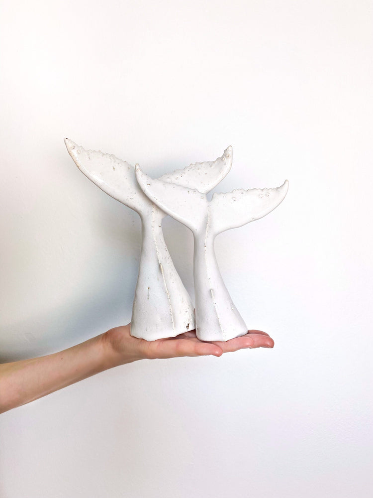Whale tail for shelf, the small one from whales family, white ceramic undersea animal