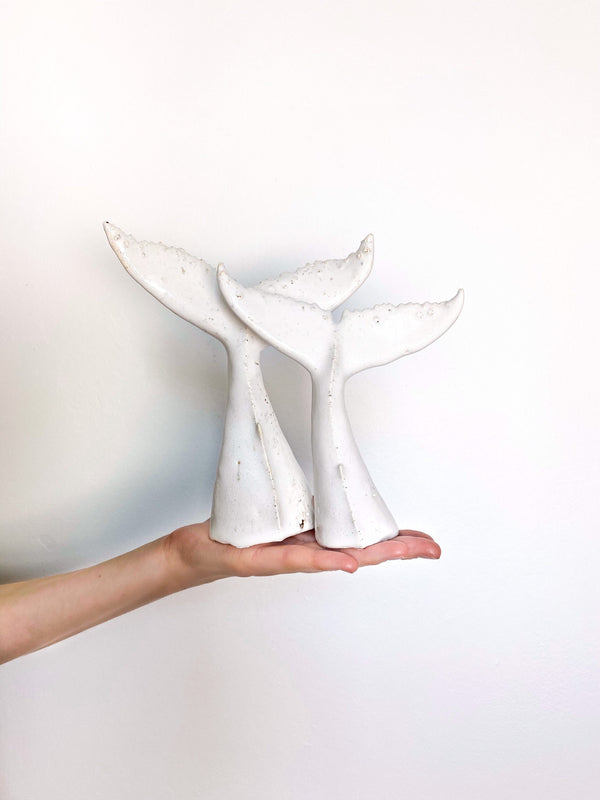 Whale tail for shelf, white ceramic undersea animal, handmade