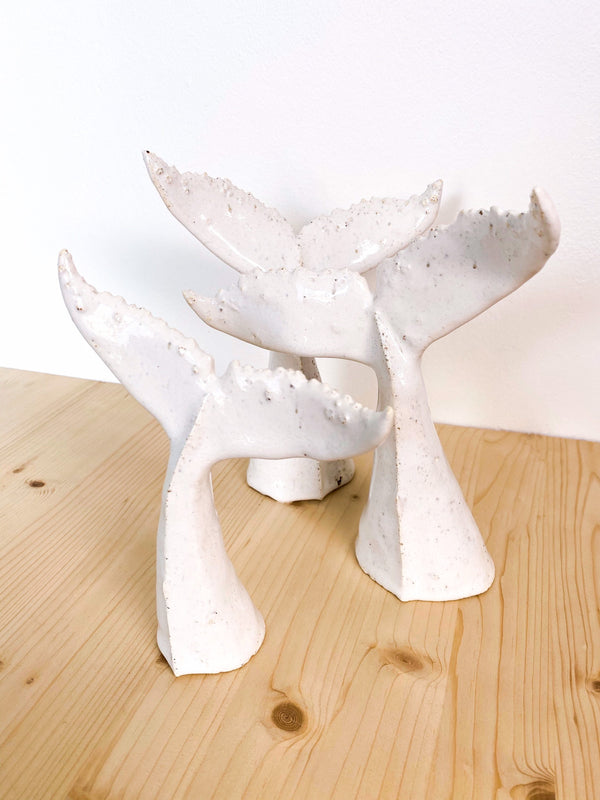 Whale tail for shelf, the small one from whales family, white ceramic undersea animal