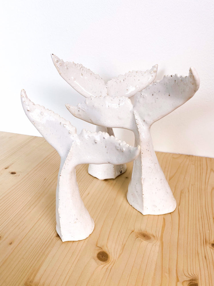 Whale tail for shelf, the small one from whales family, white ceramic undersea animal