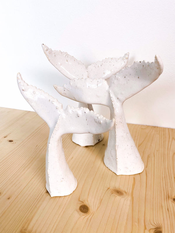 Whale tail for shelf, white ceramic undersea animal, handmade