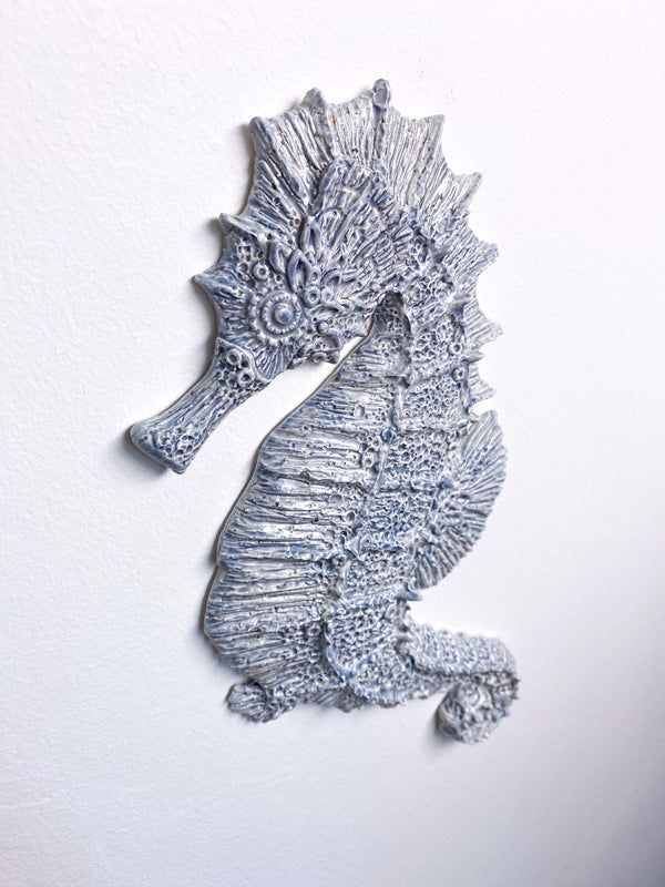 Ceramic sculpture seahorse, coastal style interior decor, wall art object, undersea animal, ocean life