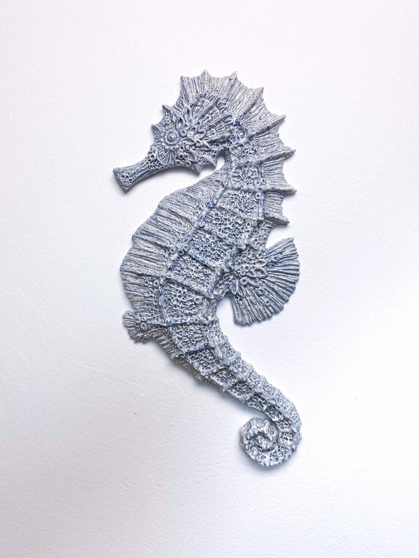 Ceramic sculpture seahorse, coastal style interior decor, wall art object, undersea animal, ocean life