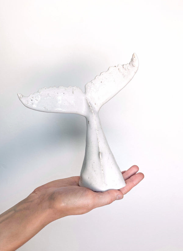 Whale tail for shelf, white ceramic undersea animal, handmade