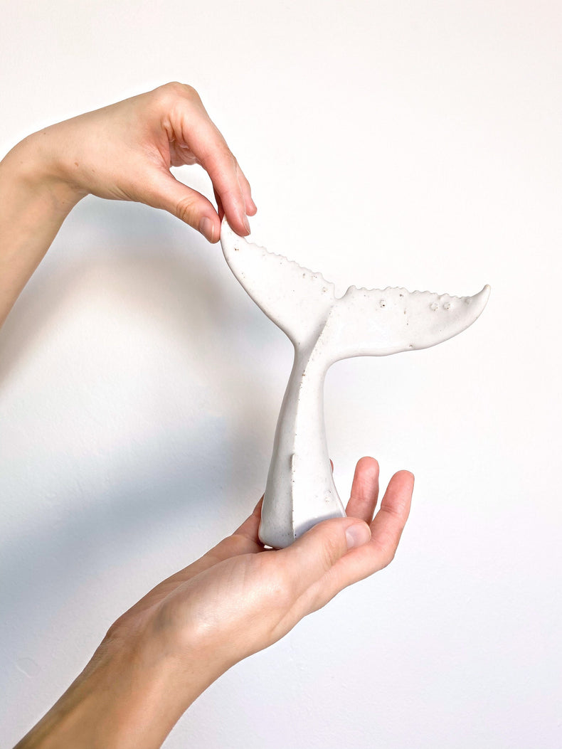 Whale tail for shelf, the small one from whales family, white ceramic undersea animal