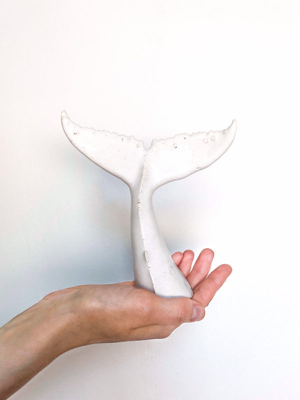 Whale tail for shelf, the small one from whales family, white ceramic undersea animal