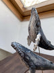 Humpback whales couple on a wooden stand under glass cloche, made of ceramics