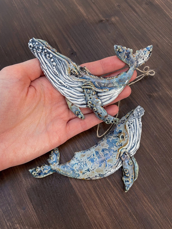 Frosty whales of ceramics for your interior, Christmas tree toys, flat whales