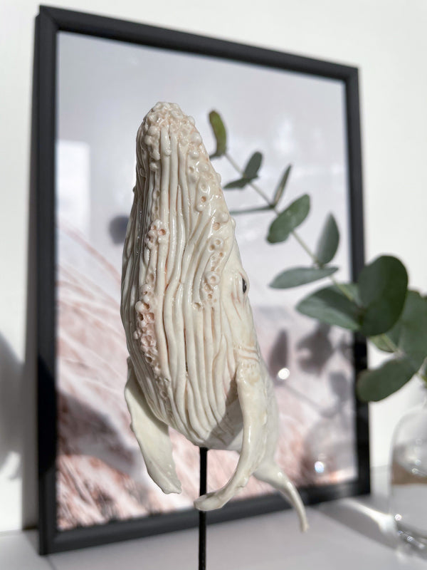Ceramic sculpture “Albino humpback whale”, porcelain whale miniature