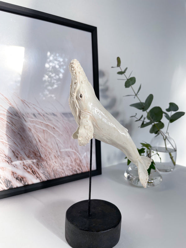 Ceramic sculpture “Albino humpback whale”, porcelain whale miniature