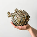 Blowfish made of ceramics, sea creature of sphere shape, coastal style interior decor with cute face, ocean sculpture, globefish bronze