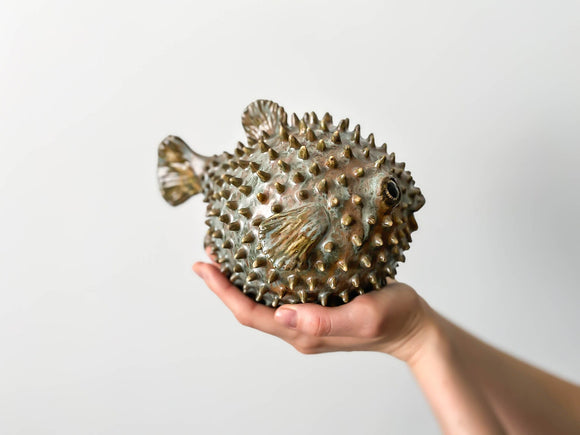 Blowfish made of ceramics, sea creature of sphere shape, coastal style interior decor with cute face, ocean sculpture, globefish bronze