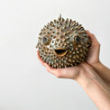 Blowfish made of ceramics, sea creature of sphere shape, coastal style interior decor with cute face, ocean sculpture, globefish bronze