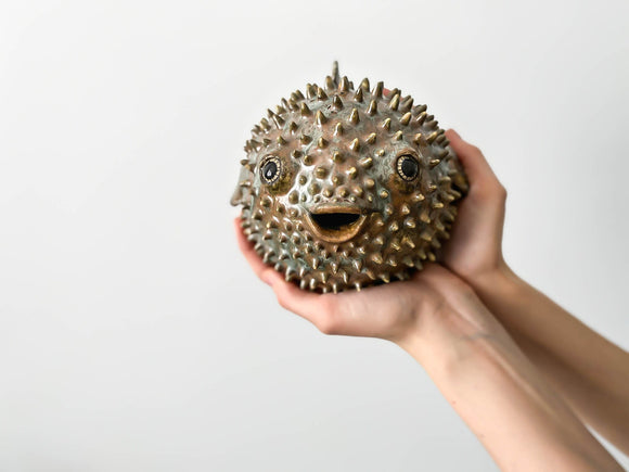 Blowfish made of ceramics, sea creature of sphere shape, coastal style interior decor with cute face, ocean sculpture, globefish bronze