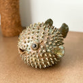 Blowfish made of ceramics, sea creature of sphere shape, coastal style interior decor with cute face, ocean sculpture, globefish bronze