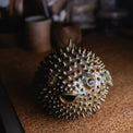 Blowfish made of ceramics, sea creature of sphere shape, coastal style interior decor with cute face, ocean sculpture, globefish bronze