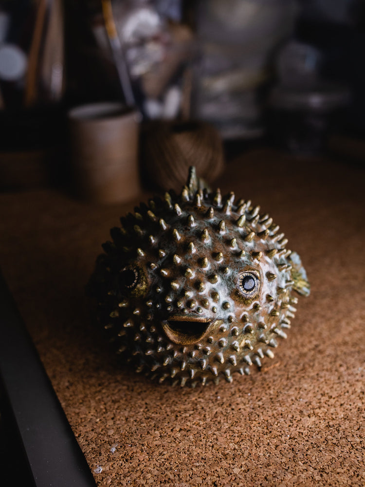 Blowfish made of ceramics, sea creature of sphere shape, coastal style interior decor with cute face, ocean sculpture, globefish bronze