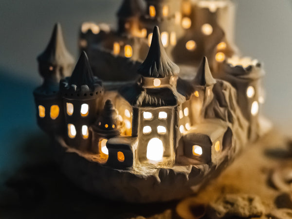 Castle night light, ceramics, with garland for kids room, magic fortress on cliff, lamp warm light, hogwarts interior decor, nightlight