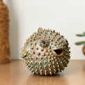 Blowfish made of ceramics, sea creature of sphere shape, coastal style interior decor with cute face, ocean sculpture, globefish bronze