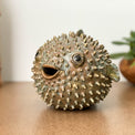 Blowfish made of ceramics, sea creature of sphere shape, coastal style interior decor with cute face, ocean sculpture, globefish bronze