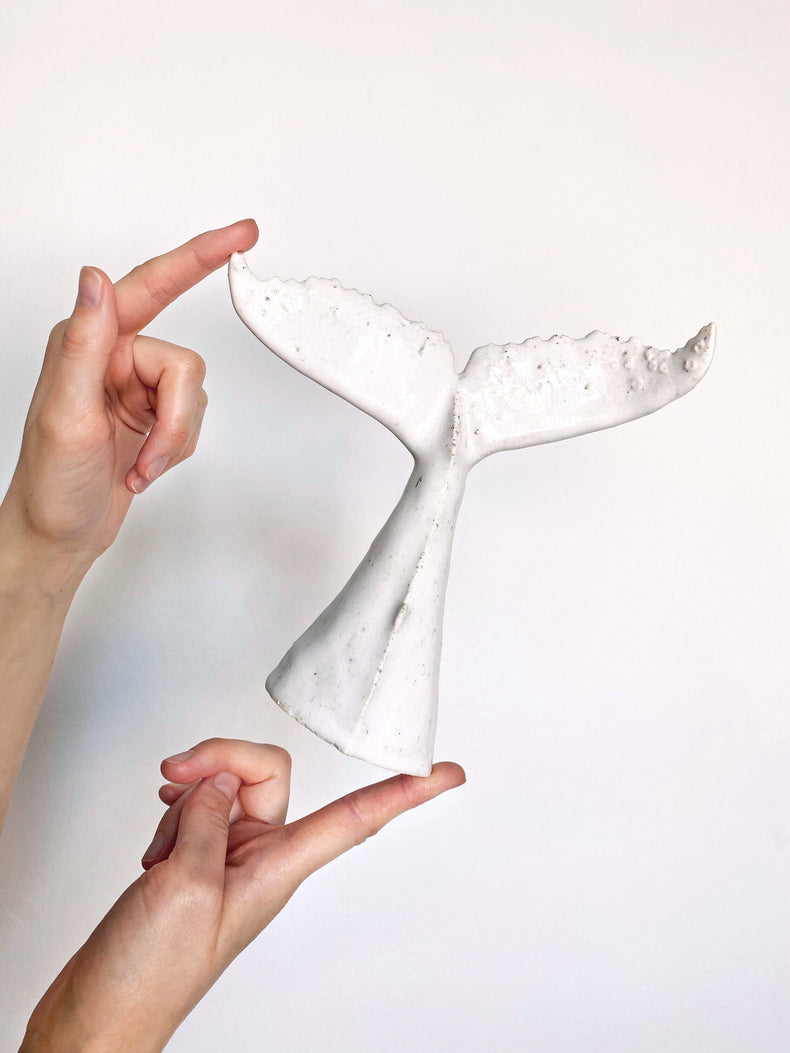Whale tail for shelf, white ceramic undersea animal, handmade