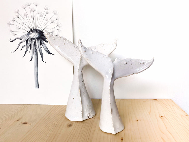 Whale tail for shelf, the small one from whales family, white ceramic undersea animal