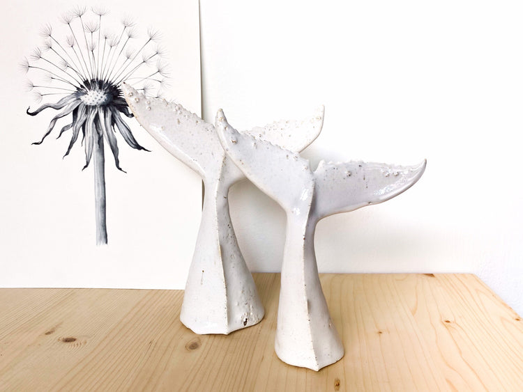 Whale tail for shelf, white ceramic undersea animal, handmade