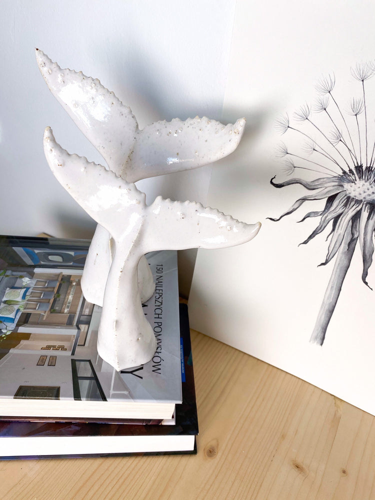 Whale tail for shelf, the small one from whales family, white ceramic undersea animal